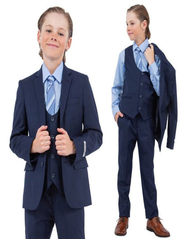 Exclusive Stacy Adams 5pc Boys Suit Solid Slim Fit, Navy - Men's Tuxedo USA