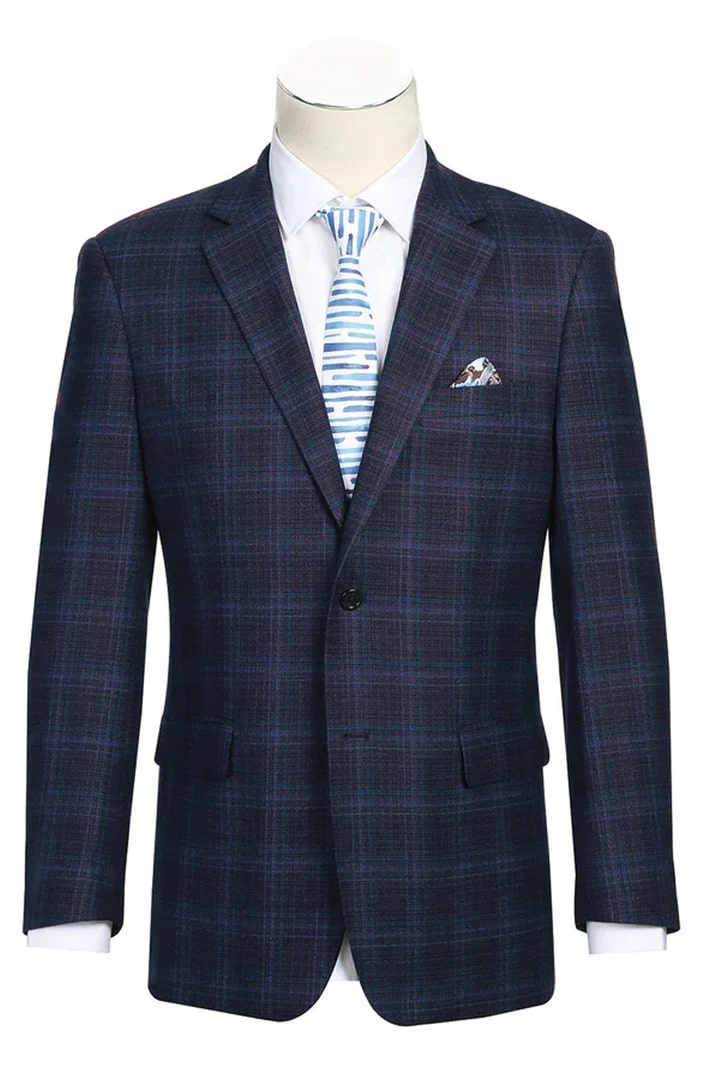 Saco vaquero - Western Sport Coat - Western Blazer- Mens Two Button Classic Fit Wool Stretch Sport Coat Blazer In Dark Navy Blue Windowpane Plaid