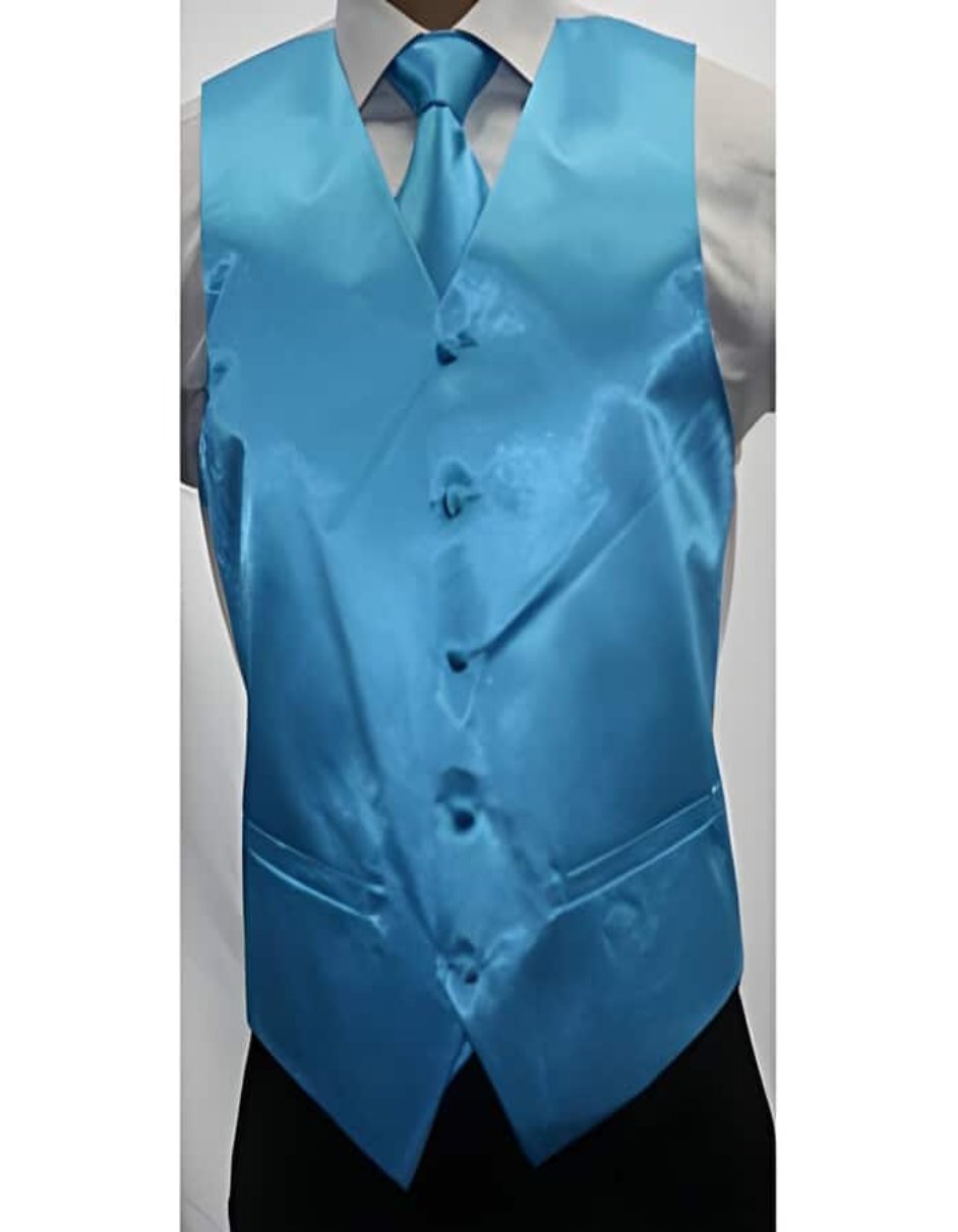 Men's Neck Ties - Mens Dress Tie - Trendy Mens Ties Shiny turquoise ~ Groomsmen Vest ~ Waistcoat ~ Waist coat Light Blue Stage Party Microfiber 3-piece Vest Groomsmen Ties - Men's Tuxedo USA