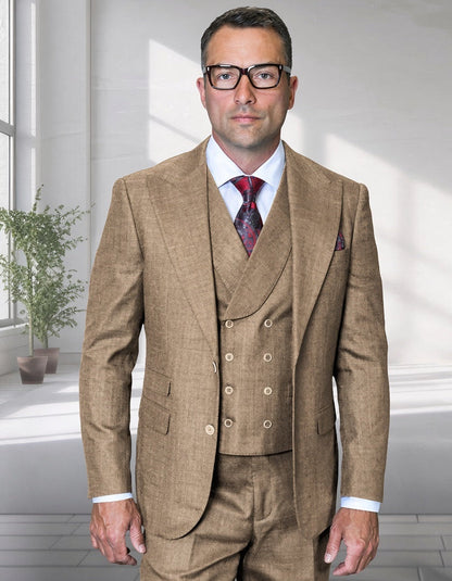 Mens Ticket Pocket Peak Lapel Double breasted Vest 100% Wool Tom Ford Style Modern Fit in Color "Bronze" By Statement