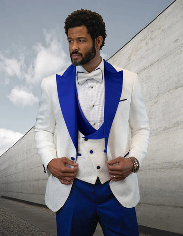 Statement Men's White with Royal Blue Peak Lapels Vested Tuxedo with Bow Tie