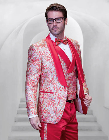 Statement Men's Off Coral Patterned Vested Tuxedo with Bowtie