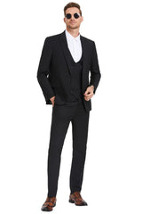 Men's Slim Fit One Button Peak Lapel Low Cut Double Breasted Vest Wedding Suit In Black - Men's Tuxedo USA