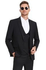 Men's Slim Fit One Button Peak Lapel Low Cut Double Breasted Vest Wedding Suit In Black - Men's Tuxedo USA