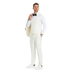 New Tazio Birdseye Textured Off-White Tuxedo | Shawl Collar Satin Trim 3-Piece - Men's Tuxedo USA