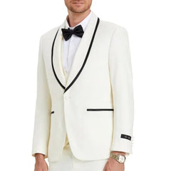 New Tazio Birdseye Textured Off-White Tuxedo | Shawl Collar Satin Trim 3-Piece - Men's Tuxedo USA