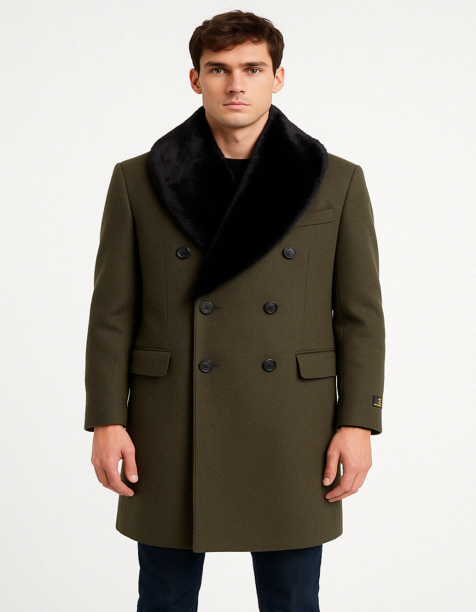 Mens Olive Green Wool Overcoat with Black Faux Fur Shawl Collar  Double Breasted Winter Coat