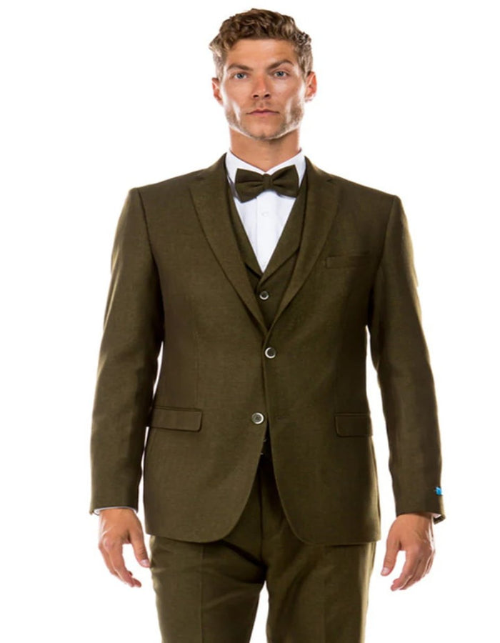 Tweed Suit 1920s Vintage Looking Fabric Vested Suit - Olive Green Herringbone Fabric - Men's Tuxedo USA