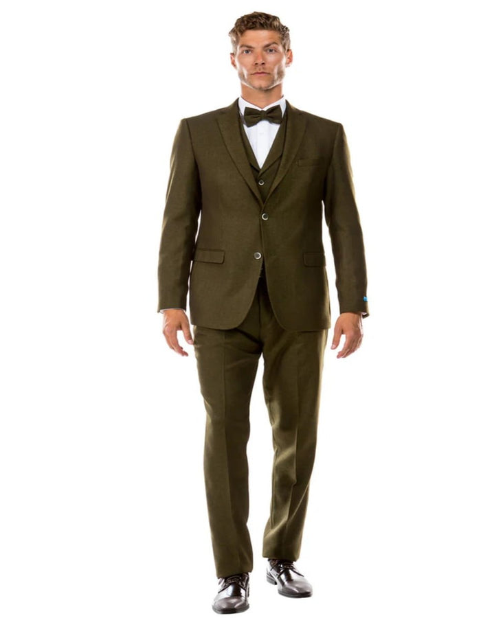 Tweed Suit 1920s Vintage Looking Fabric Vested Suit - Olive Green Herringbone Fabric - Men's Tuxedo USA