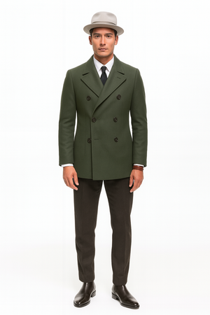 Olive Green Designer men's Wool Peacoat Sale Double Breasted Wool Fabric
