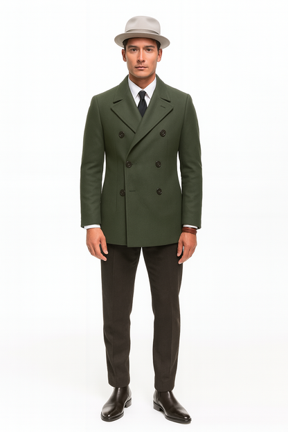 Olive Green Designer men's Wool Peacoat Sale Double Breasted Wool Fabric