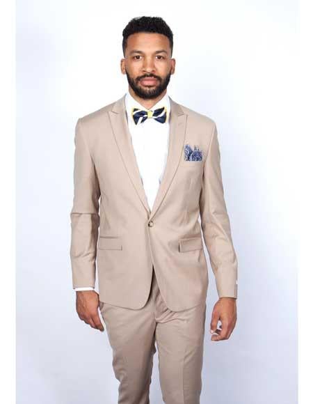 Beige Slim Fit Suit for Men by Rossiman Rossi ?? Tailored Skinny Fit Formal Suit