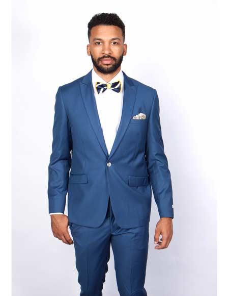 Blue Slim Fit Men's Suit by Rossiman Rossi - Skinny Style with 1-Button Jacket