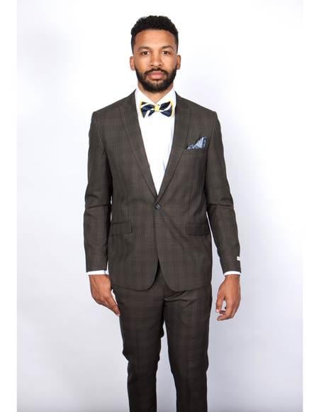 Men's Brown Plaid Slim Fit Suit by Rossiman Rossi ?? Peak Lapel Jacket & Tapered Pants