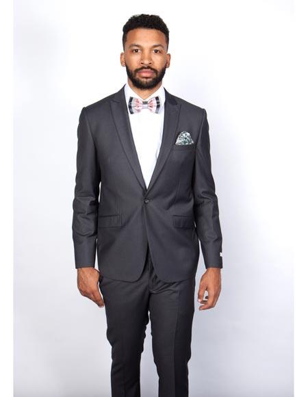 Rossiman Men's Slim Fit Gray Wool Suit ?? 1-Button Peak Lapel Jacket & Tapered Low-Rise Pants