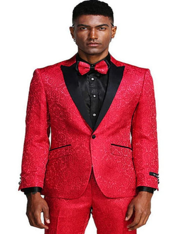 Mens One Button Peak Lapel Slim Fit Paisley Wedding and Prom Tuxedo in Red