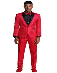 Mens One Button Peak Lapel Slim Fit Paisley Wedding and Prom Tuxedo in Red