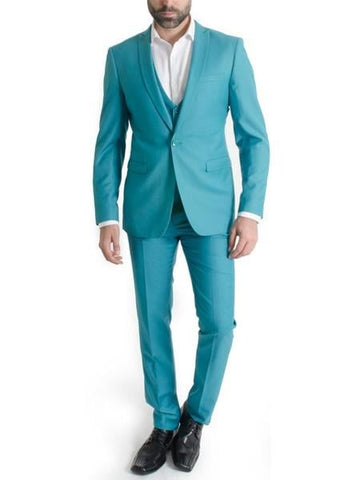 34 Men's Turquoise One Button Narrow Peak Lapel Spring Vested Slim