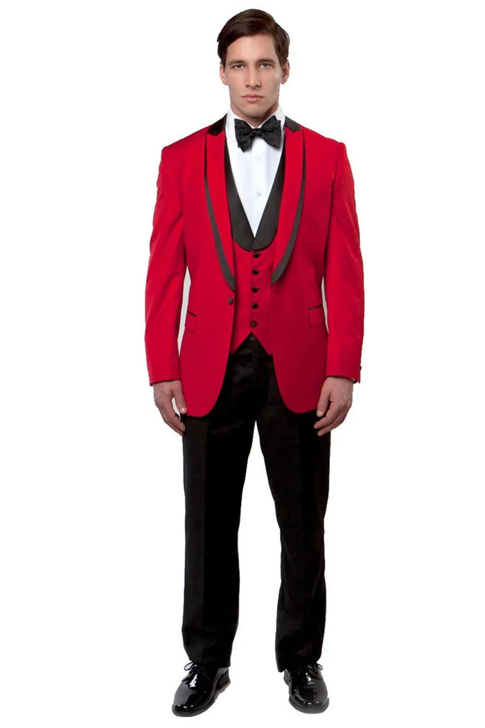 Men's One Button Satin Trimmed Peak Lapel Vested Fancy Tuxedo In Red - Men's Tuxedo USA