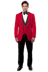 Men's One Button Satin Trimmed Peak Lapel Vested Fancy Tuxedo In Red - Men's Tuxedo USA