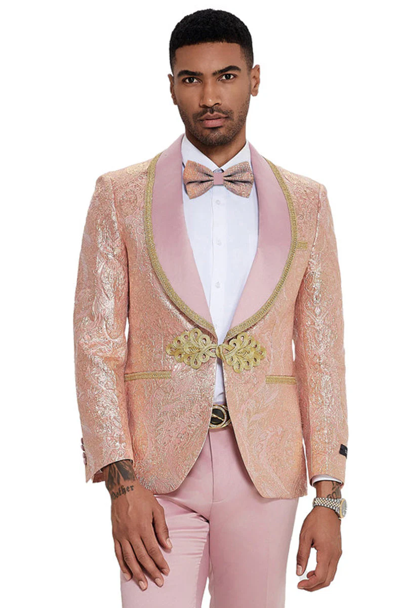 Mens One Button Shawl Lapel Wedding Prom Tuxedo in Shiny Pink Paisley