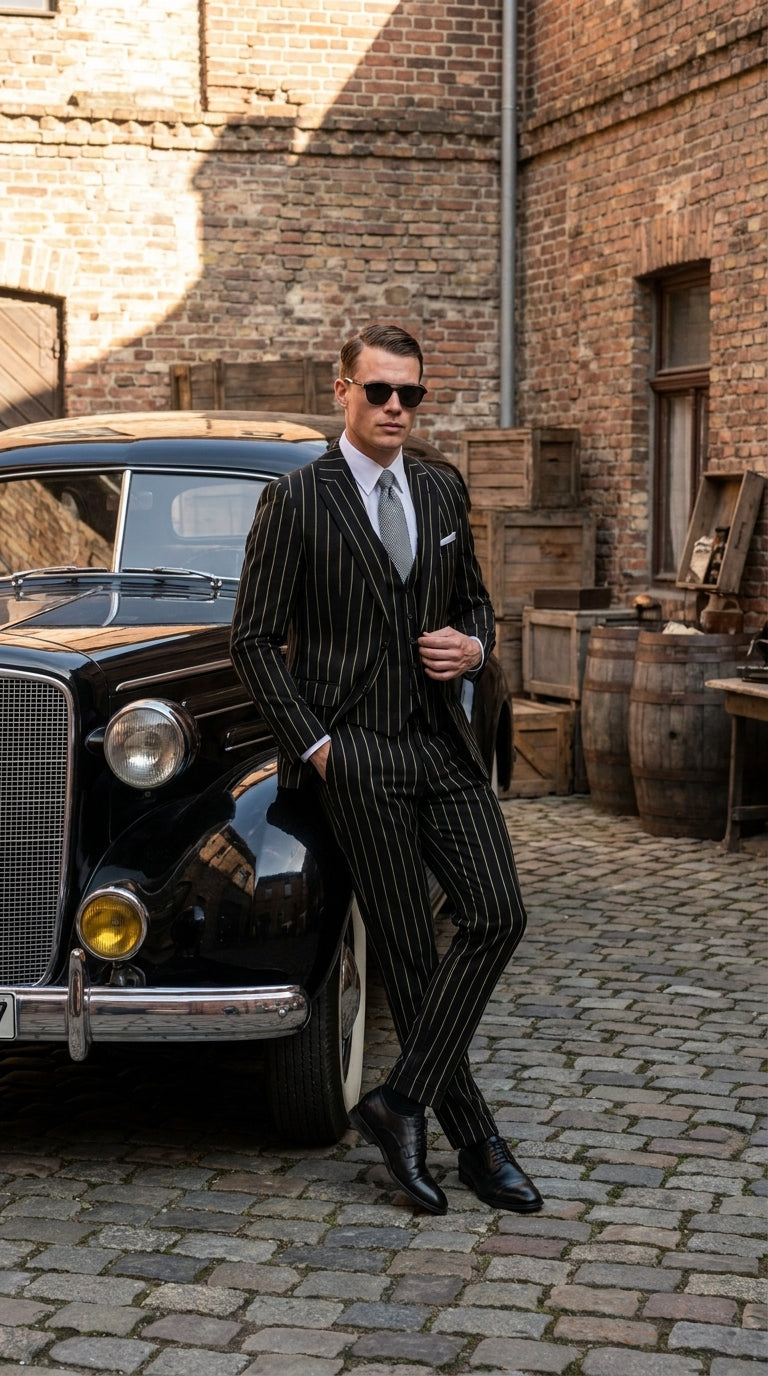Men’s Black Gangster Pinstripe Suit, 2 Button Vintage 1920s Formal Dress Suit