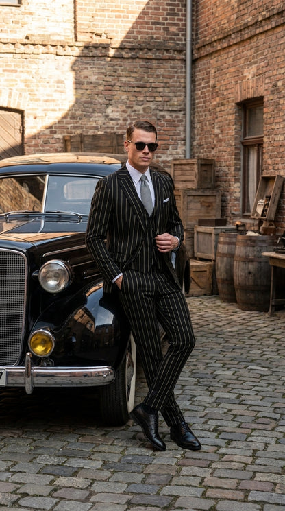 Men’s Black Gangster Pinstripe Suit, 2 Button Vintage 1920s Formal Dress Suit