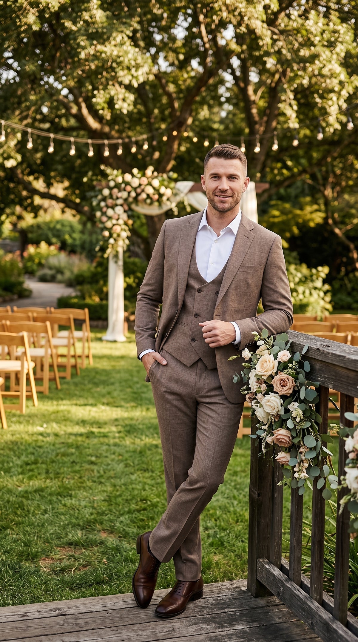Men’s Dark Tan Mocha 3 Piece Wedding Suit, Double Breasted Vest Formal Groom and Groomsmen Suit