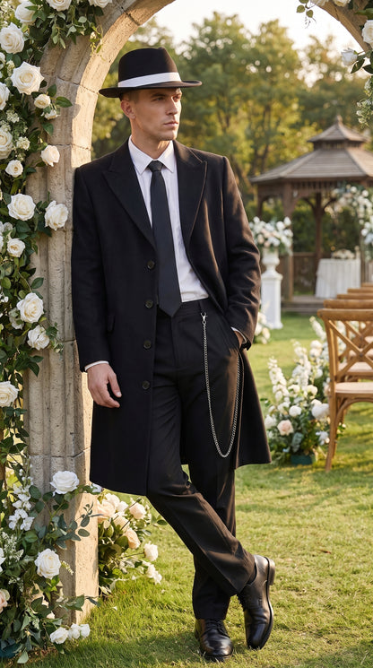 Men’s Charcoal Grey Vested Long Tuxedo Suit, Gangster Style Formal Wedding Prom Outfit