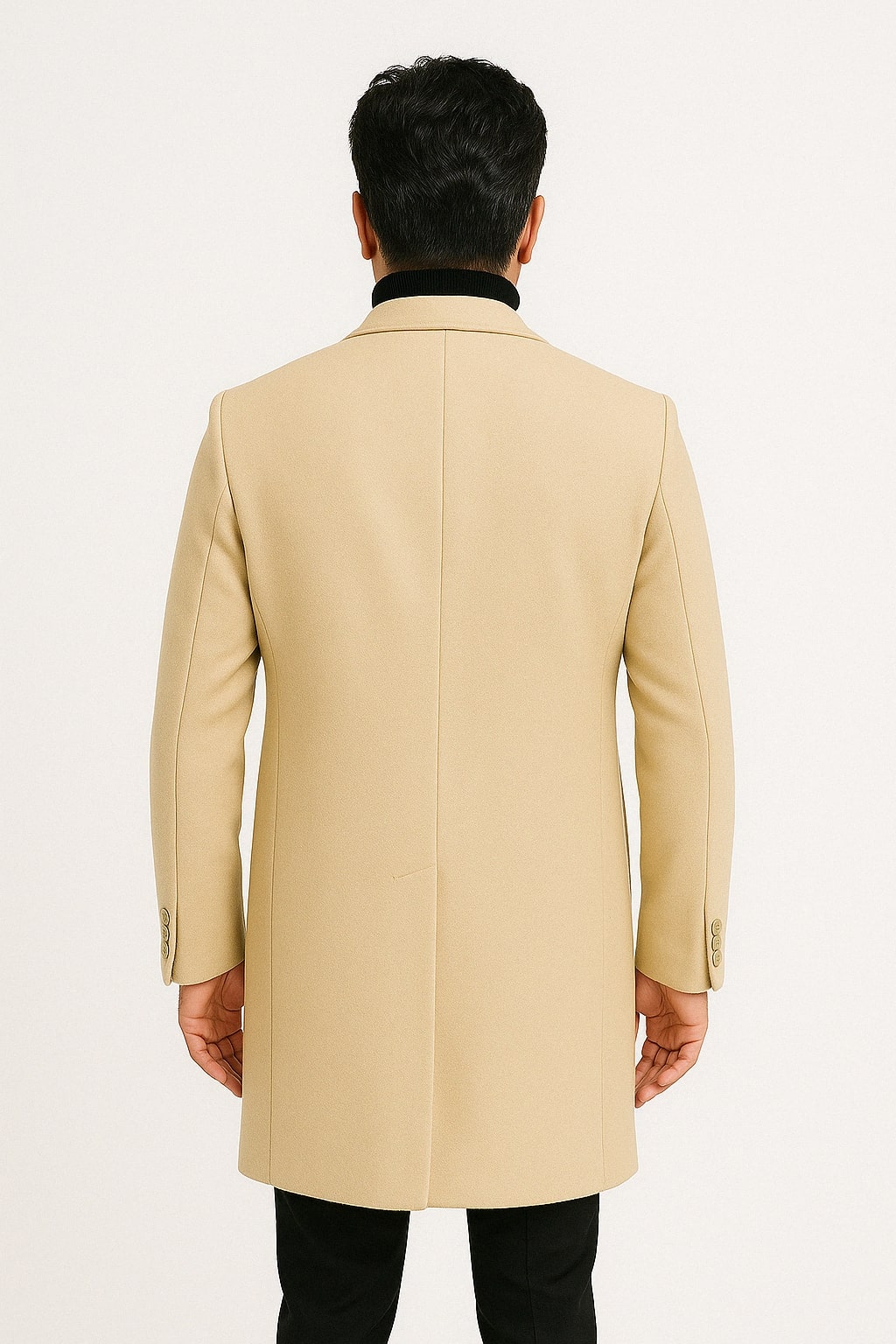 Mens Beige Wool Overcoat with Classic Notch Lapel and Single-Breasted Closure - Light Tan Sand Color