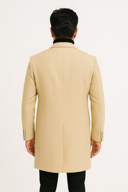 Mens Beige Wool Overcoat with Classic Notch Lapel and Single-Breasted Closure - Light Tan Sand Color