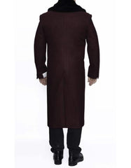 Removable Fur Collar Full Length Wool Dress Ankle length Top Coat/Overcoat Burgundy - Men's Tuxedo USA