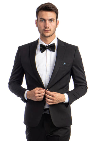 Men's One Button Peak Lapel Basic Slim Fit Suit in Black - Men's Tuxedo USA