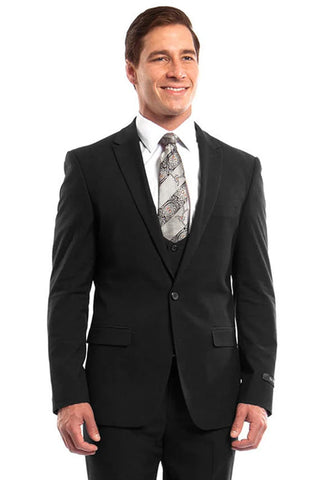 Men's One Button Peak Lapel Skinny Wedding  Prom Suit with Lowcut Vest in Black - Men's Tuxedo USA