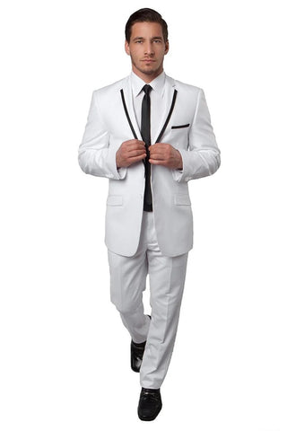Men's Two Button Slim Fit Wedding  Prom Tuxedo Suit in White with Black Piping