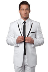 Men's Two Button Slim Fit Wedding  Prom Tuxedo Suit in White with Black Piping - Men's Tuxedo USA