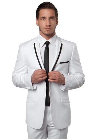 Men's Two Button Slim Fit Wedding  Prom Tuxedo Suit in White with Black Piping