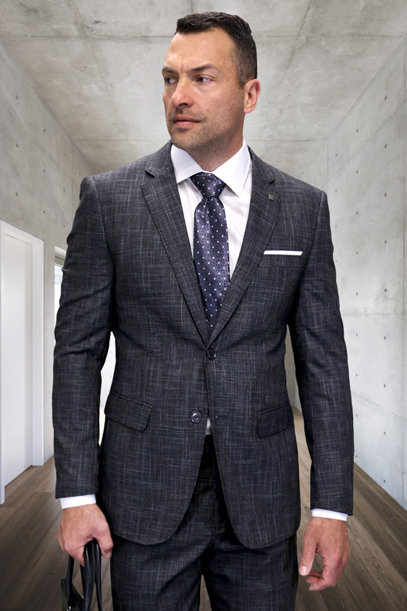 Men's Designer Modern Fit Italian Wool Suit in Carbon Grey Plaid