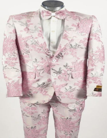 Package Combo Mens Pink Suit - Paisley Fancy Floral Suit with Matching Bowtie