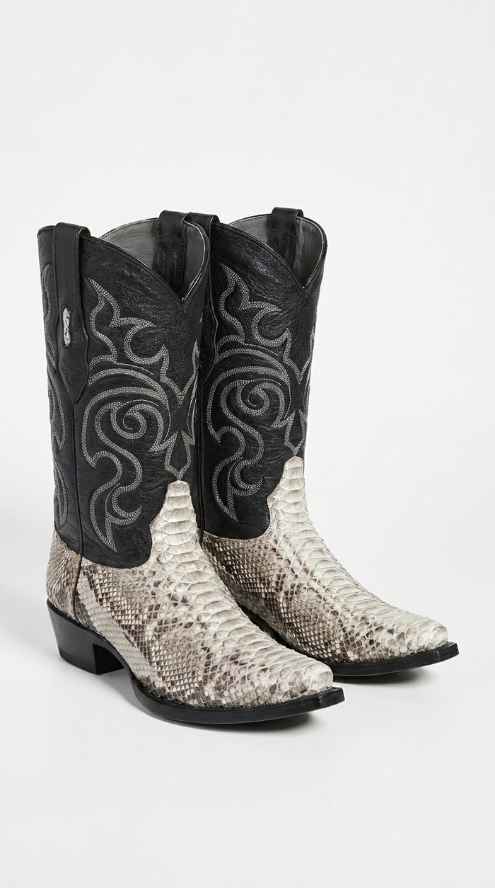 Men’s Natural Python Cowboy Boots – Exotic Snip Toe Western Dress Boots with Black Leather Shaft