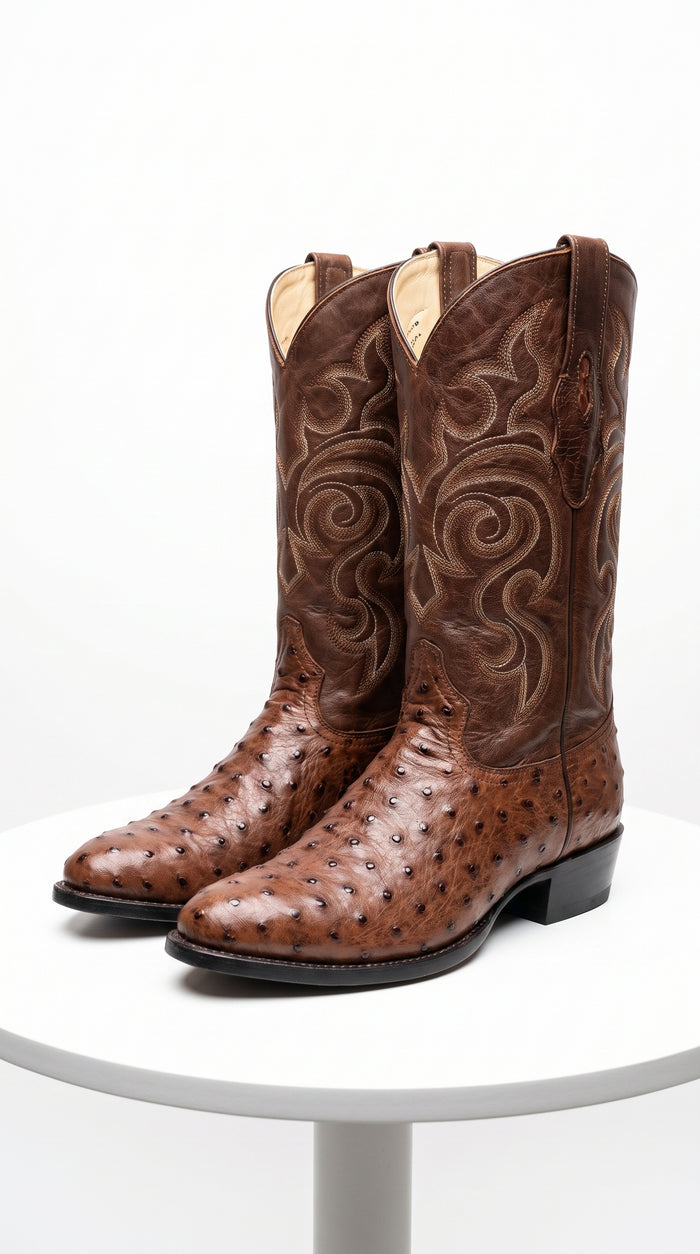 Men’s Los Altos Kango Tabac Genuine Ostrich Round Toe Boots, Exotic Western Cowboy Dress Boots
