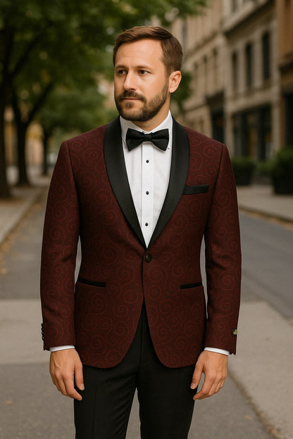 Paisley-300 Burgundy and Black Tuxedo Blazer with Bow Tie