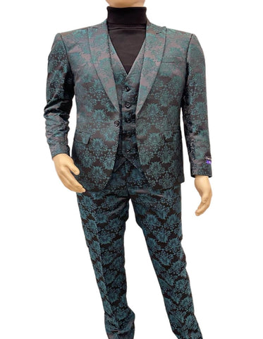 Paisley Suit - Black and Emerald Green Prom Suit - Slim Fit Stage Suit