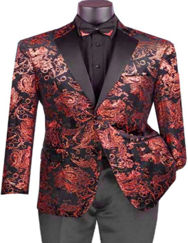 Mens Paisley Velvet Foil Smoking Jacket Tuxedo in Red