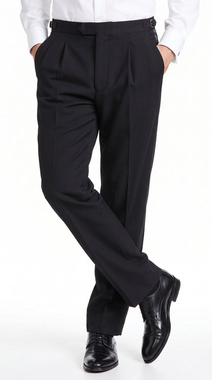 Men’s Black Super 100s Wool Tuxedo Pants, Double Pleated Formal Dress Pants with Unhemmed Bottoms