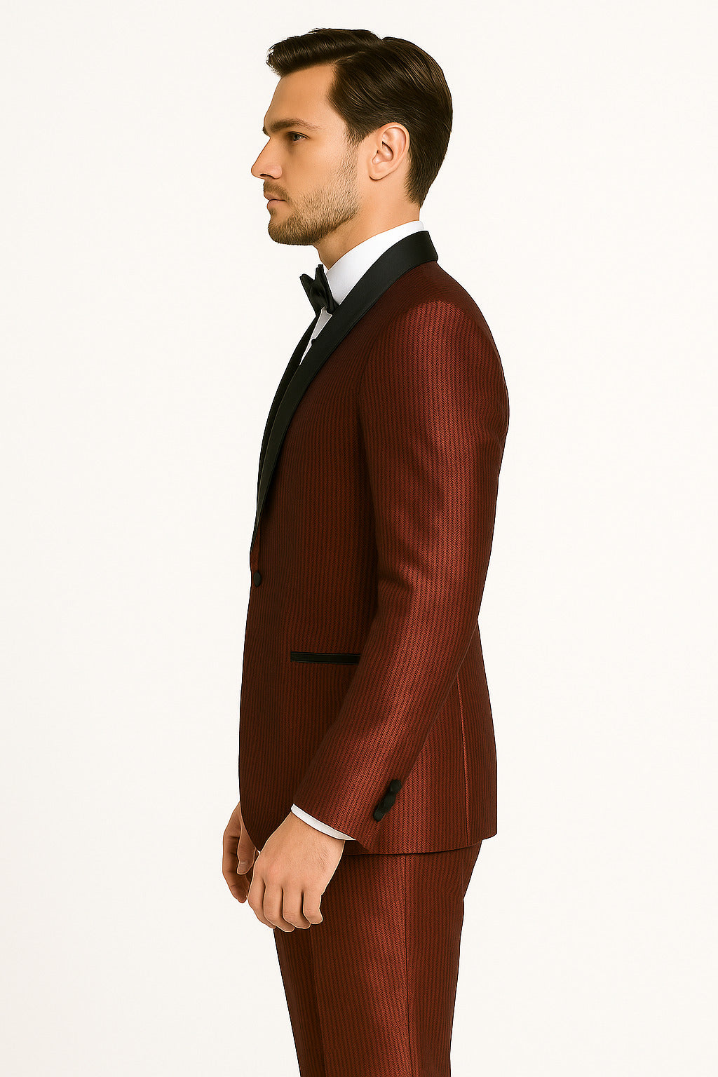 Men's Burgundy Shiny Tuxedo with Black Satin Shawl Lapel  Ultra Slim Fit Party & Prom Suit
