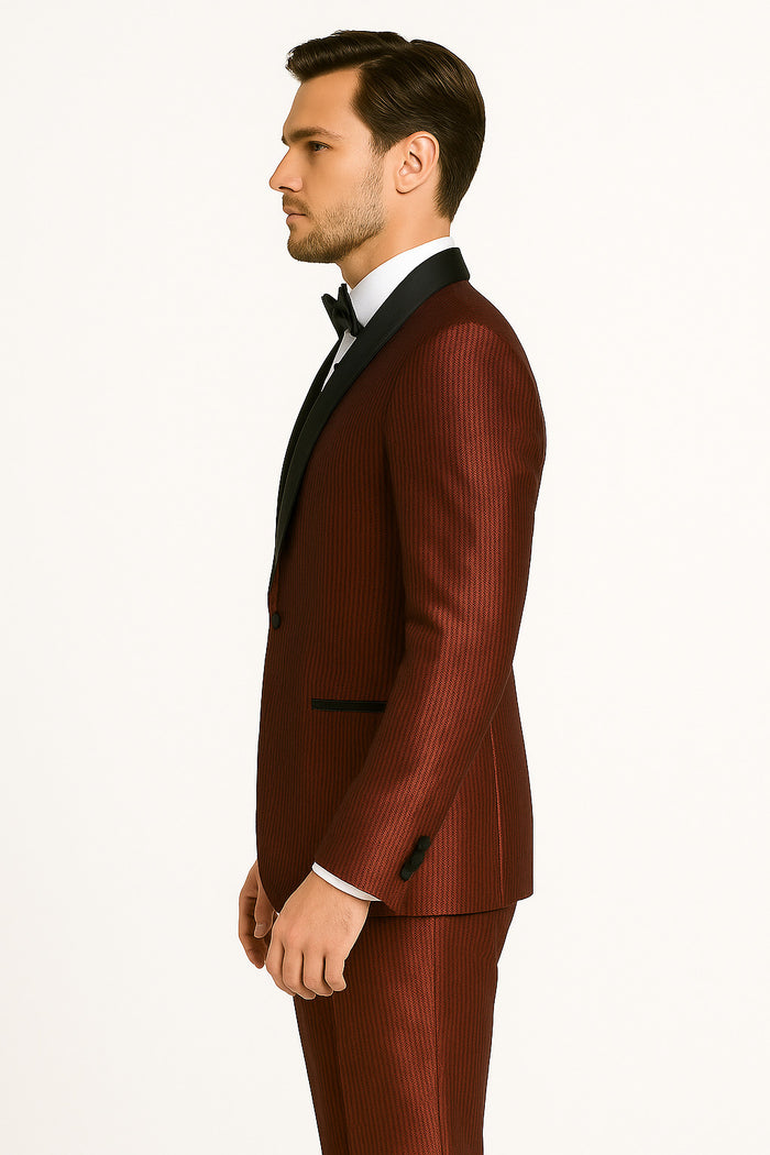 Men's Burgundy Shiny Tuxedo with Black Satin Shawl Lapel  Ultra Slim Fit Party & Prom Suit