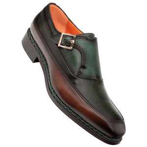 Mezlan Artesano Men's Chocolate/Forest Patina Calfskin Two-Toned Monk Strap Shoes