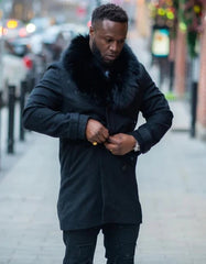 Mens Peacoat With Fur Collar - Black Wool Coat