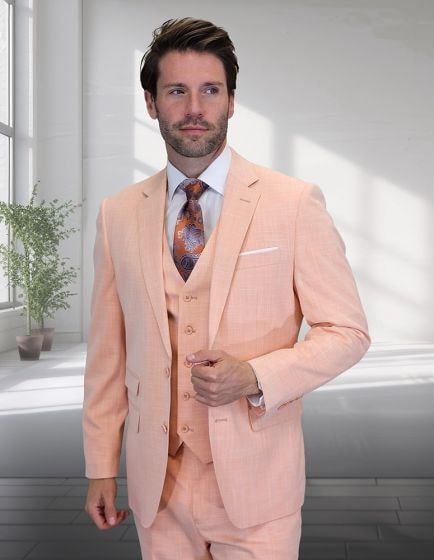 Statement Men's Peach 3 Piece Suit – Light Orange Blush Modern Fit Wedding & Summer Suit with Ticket Pocket